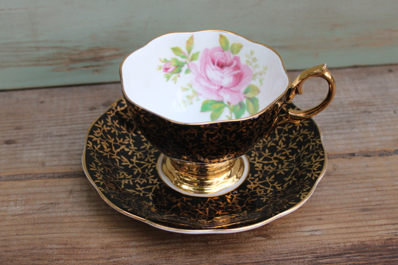 photo of vintage Royal Albert china black and gold tea cup & saucer, cabbage rose country roses pink #1