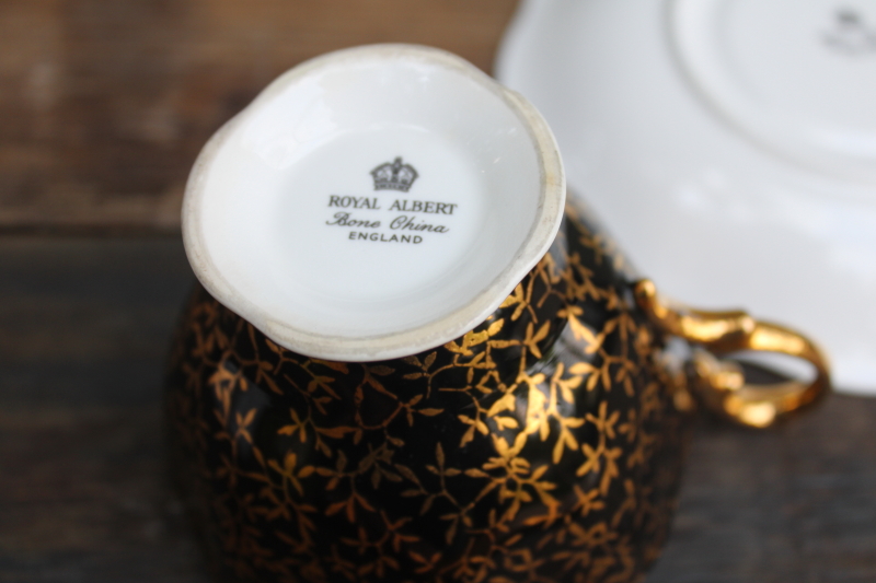 photo of vintage Royal Albert china black and gold tea cup & saucer, cabbage rose country roses pink  #5