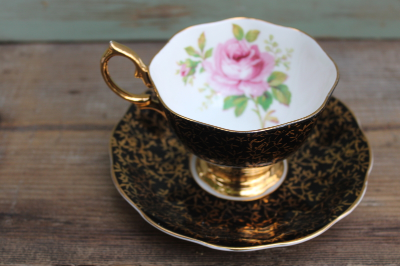 photo of vintage Royal Albert china black and gold tea cup & saucer, cabbage rose country roses pink  #6