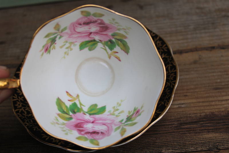 photo of vintage Royal Albert china black and gold tea cup & saucer, cabbage rose country roses pink  #7