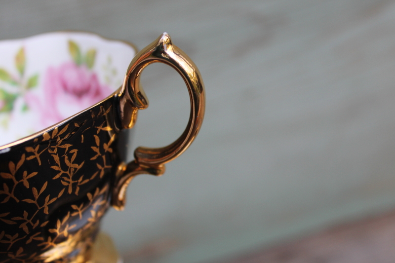 photo of vintage Royal Albert china black and gold tea cup & saucer, cabbage rose country roses pink  #8
