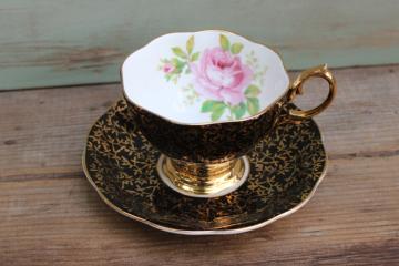 vintage Royal Albert china black and gold tea cup & saucer, cabbage rose country roses pink 