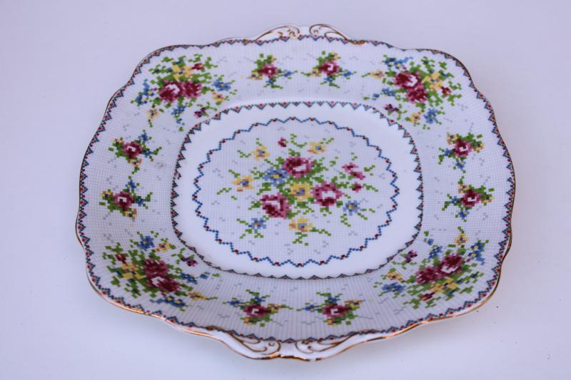 photo of vintage Royal Albert china petit point floral, square cake plate or tray with handles #5