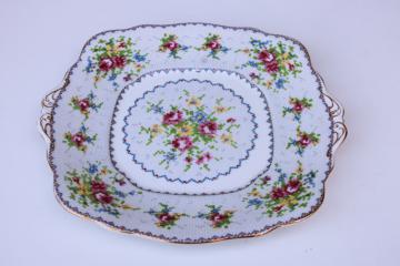 catalog photo of vintage Royal Albert china petit point floral, square cake plate or tray with handles