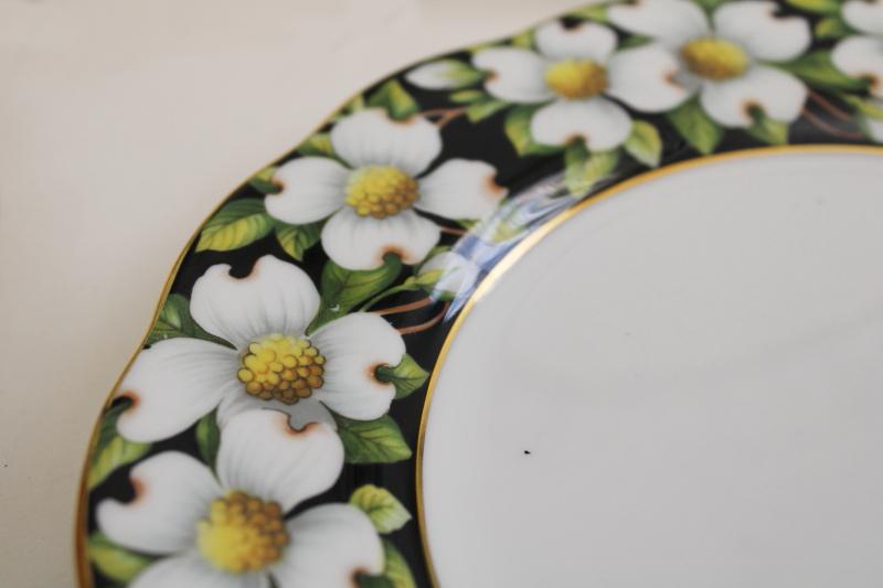 photo of vintage Royal Albert china plates, Provincial flowers dogwoods on black border #2