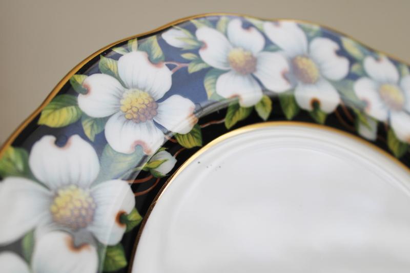 photo of vintage Royal Albert china plates, Provincial flowers dogwoods on black border #6