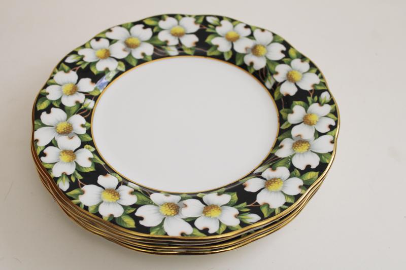 photo of vintage Royal Albert china plates, Provincial flowers dogwoods on black border #7