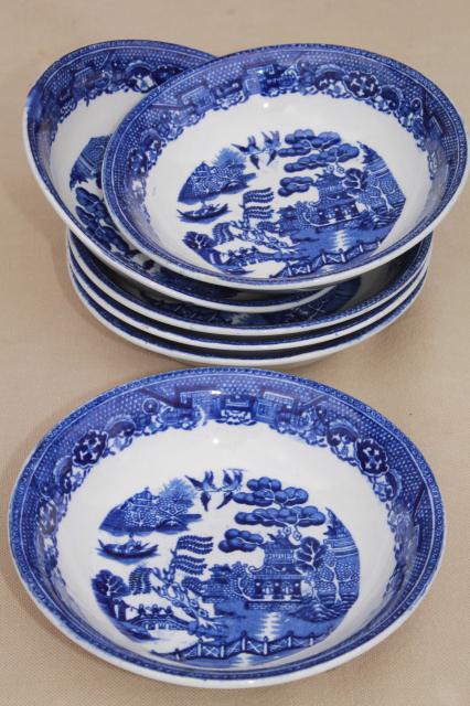 photo of vintage Royal Bassett blue willow china fruit bowls set of 6, made in England #1