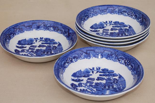 photo of vintage Royal Bassett blue willow china fruit bowls set of 6, made in England #2