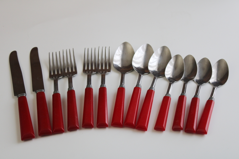 photo of vintage Royal Brand stainless flatware w/ cherry red bakelite handles, lot of 13 pieces #1