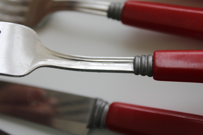 photo of vintage Royal Brand stainless flatware w/ cherry red bakelite handles, lot of 13 pieces #3