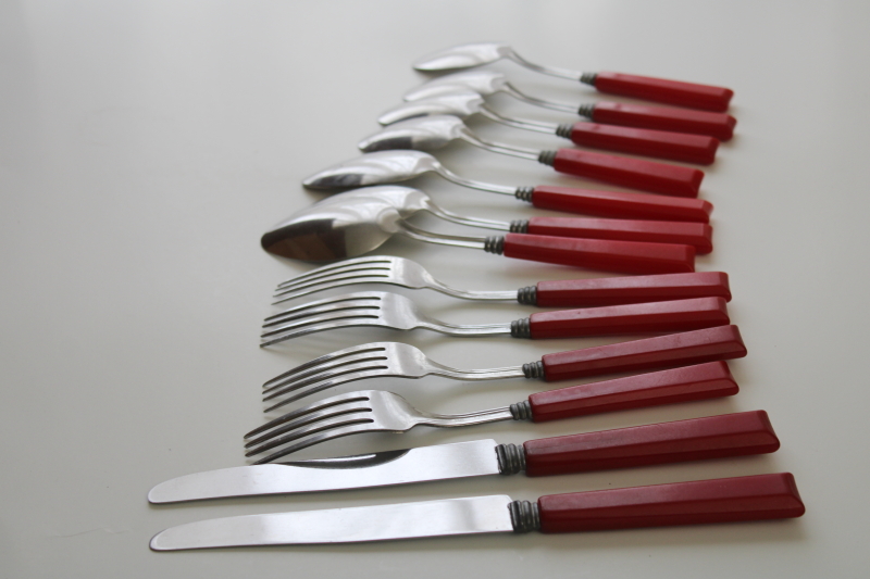 photo of vintage Royal Brand stainless flatware w/ cherry red bakelite handles, lot of 13 pieces #4