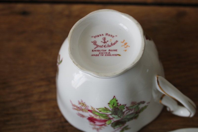 photo of vintage Royal Chelsea bone china tea cup & saucer pink moss rose pattern  #4