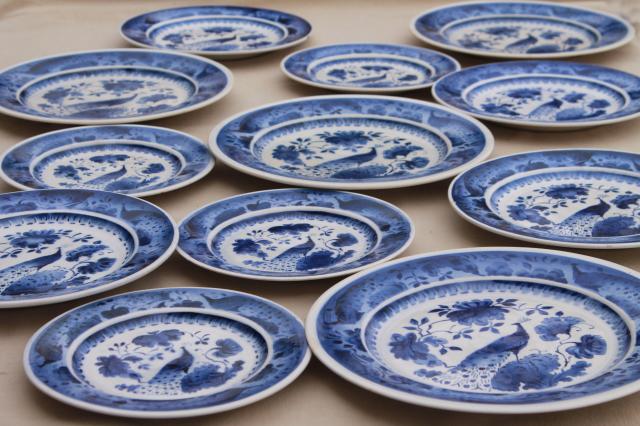 photo of vintage Royal Copenhagen Aluminia faience pottery blue & white peacock plates #1