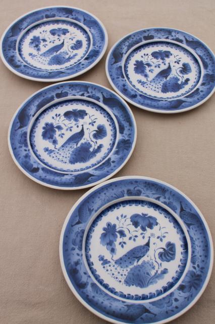 photo of vintage Royal Copenhagen Aluminia faience pottery blue & white peacock plates #3