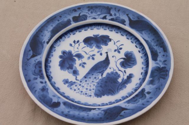 photo of vintage Royal Copenhagen Aluminia faience pottery blue & white peacock plates #4