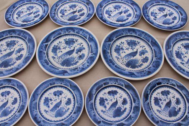 photo of vintage Royal Copenhagen Aluminia faience pottery blue & white peacock plates #7