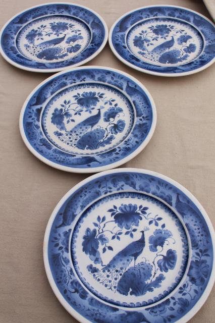 photo of vintage Royal Copenhagen Aluminia faience pottery blue & white peacock plates #9