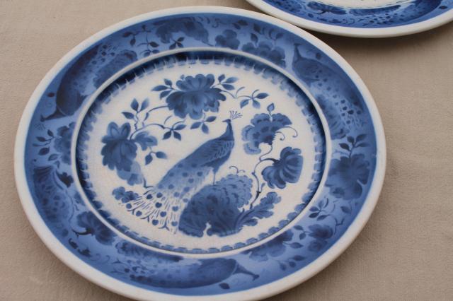 photo of vintage Royal Copenhagen Aluminia faience pottery blue & white peacock plates #10