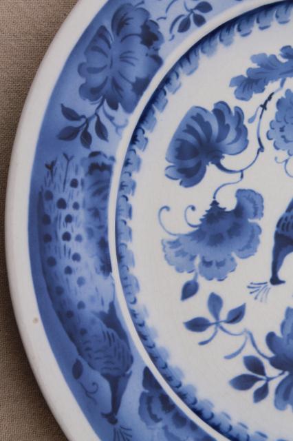 photo of vintage Royal Copenhagen Aluminia faience pottery blue & white peacock plates #12