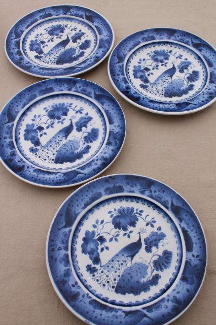 photo of vintage Royal Copenhagen Aluminia faience pottery blue & white peacock plates #13