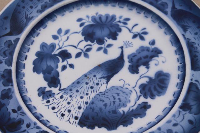 photo of vintage Royal Copenhagen Aluminia faience pottery blue & white peacock plates #14