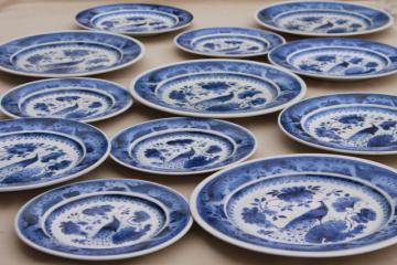 catalog photo of vintage Royal Copenhagen Aluminia faience pottery blue & white peacock plates