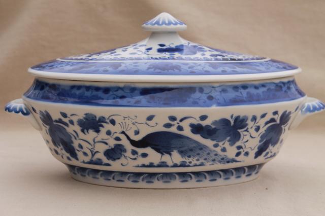 photo of vintage Royal Copenhagen Aluminia faience pottery blue & white peacock tureen bowl w/ cover #1