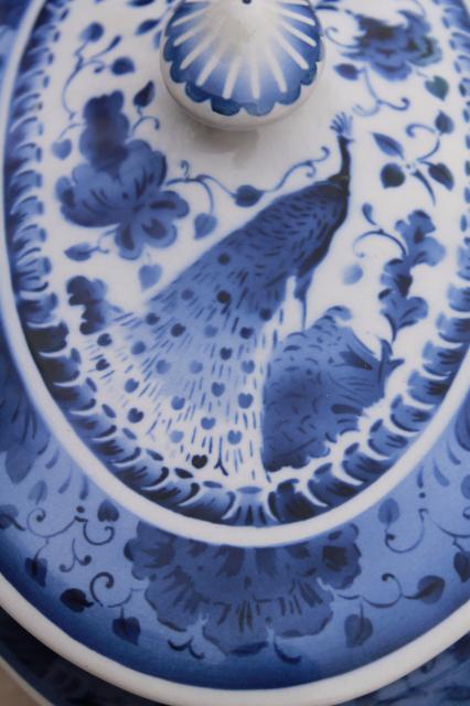 photo of vintage Royal Copenhagen Aluminia faience pottery blue & white peacock tureen bowl w/ cover #2