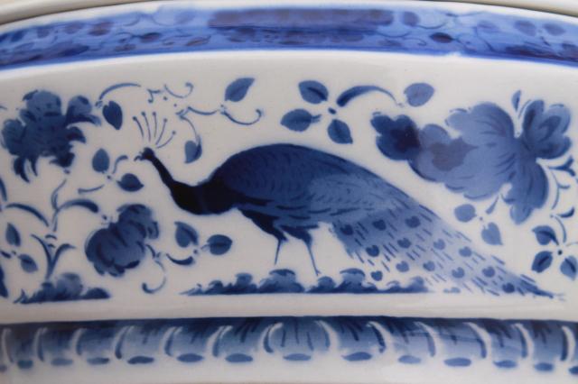 photo of vintage Royal Copenhagen Aluminia faience pottery blue & white peacock tureen bowl w/ cover #3