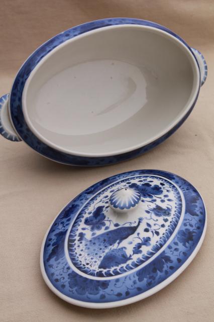 photo of vintage Royal Copenhagen Aluminia faience pottery blue & white peacock tureen bowl w/ cover #7