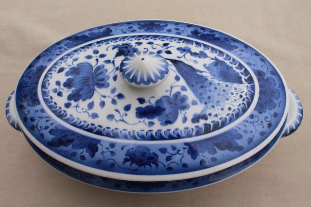 photo of vintage Royal Copenhagen Aluminia faience pottery blue & white peacock tureen bowl w/ cover #12