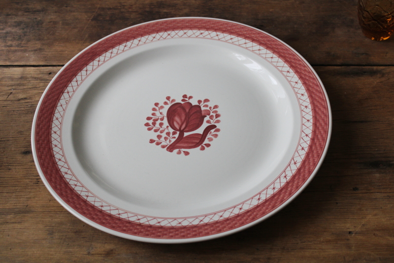 photo of vintage Royal Copenhagen faience, rare red & white Tranquebar hand painted ceramic huge round tray or charger plate #1