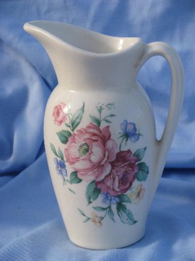 photo of vintage Royal Copley shabby roses china, ivory ewer pitcher and urn vase #3