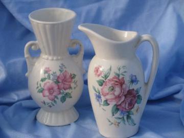 catalog photo of vintage Royal Copley shabby roses china, ivory ewer pitcher and urn vase