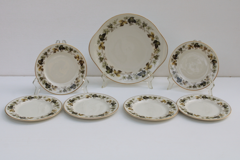 photo of vintage Royal Doulton England Larchmont leaves border china dessert set, cake tray & small plates  #1