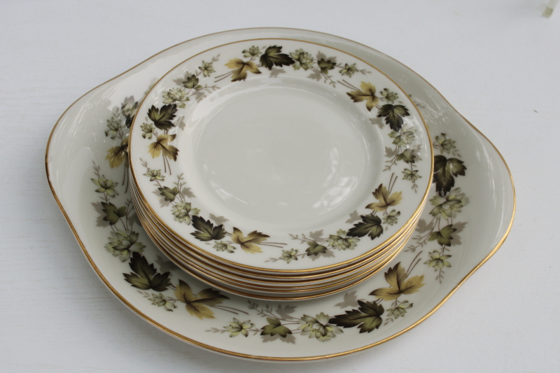 photo of vintage Royal Doulton England Larchmont leaves border china dessert set, cake tray & small plates  #5