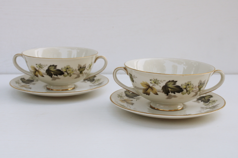 photo of vintage Royal Doulton English china cream soup or bouillon double handle cups and saucers, Larchmont pattern #1