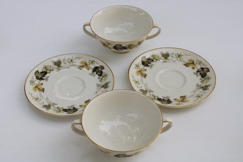photo of vintage Royal Doulton English china cream soup or bouillon double handle cups and saucers, Larchmont pattern  #2