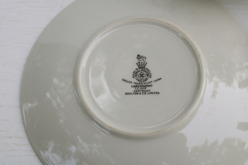 photo of vintage Royal Doulton English china cream soup or bouillon double handle cups and saucers, Larchmont pattern  #4