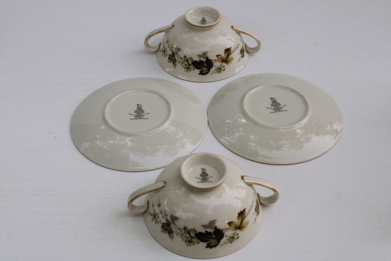 photo of vintage Royal Doulton English china cream soup or bouillon double handle cups and saucers, Larchmont pattern  #5