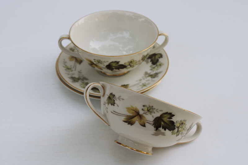 photo of vintage Royal Doulton English china cream soup or bouillon double handle cups and saucers, Larchmont pattern  #6