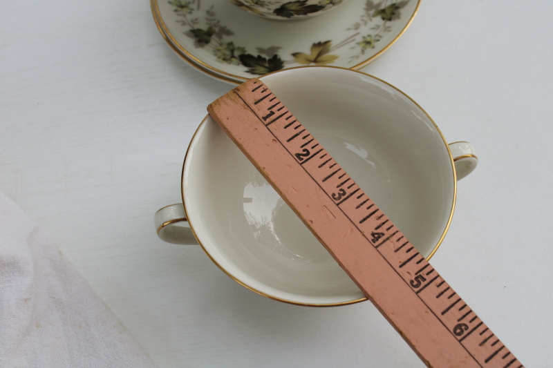 photo of vintage Royal Doulton English china cream soup or bouillon double handle cups and saucers, Larchmont pattern  #7