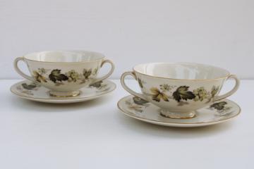 catalog photo of vintage Royal Doulton English china cream soup or bouillon double handle cups and saucers, Larchmont pattern 
