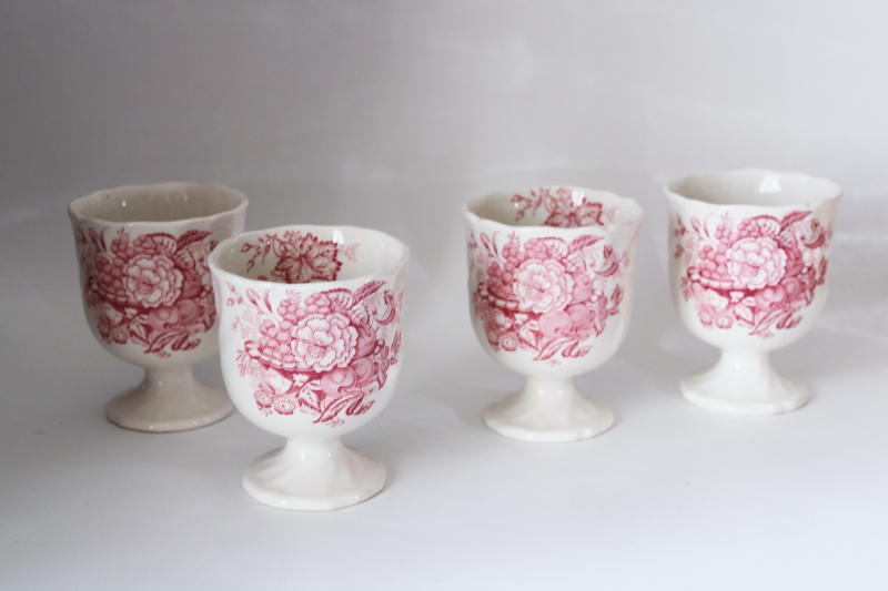 photo of vintage Royal Doulton Kirkwood red transferware floral egg coddlers, large open egg cups #1