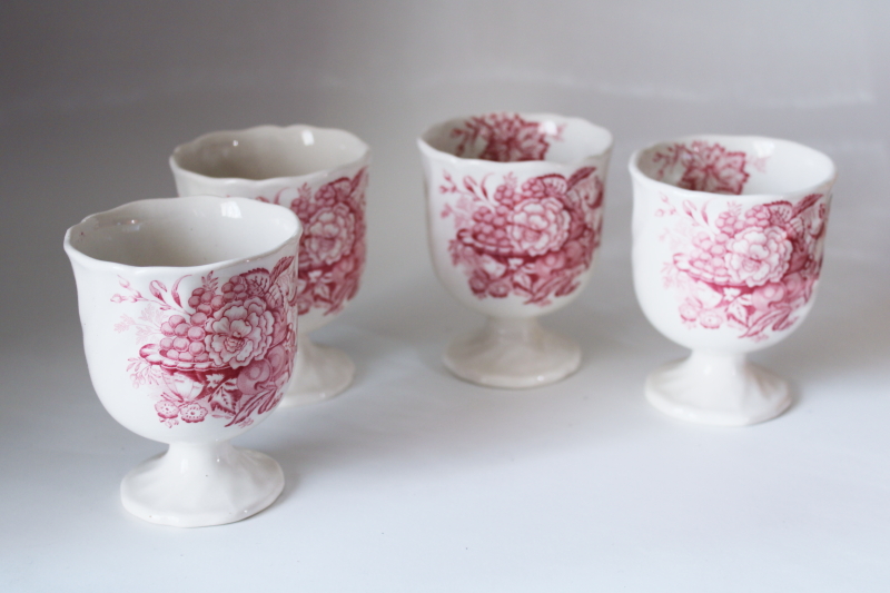 photo of vintage Royal Doulton Kirkwood red transferware floral egg coddlers, large open egg cups #3