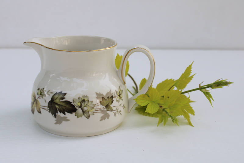 photo of vintage Royal Doulton Larchmont pattern china creamer, large cream pitcher leaf border in neutral colors #1