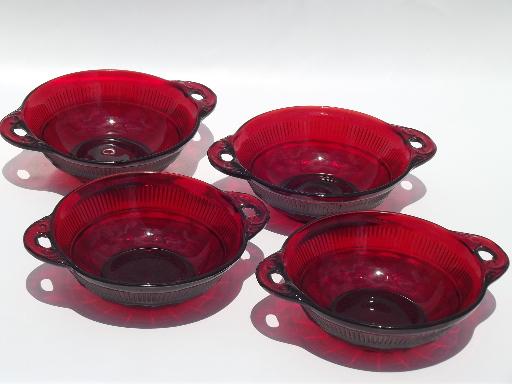 photo of vintage Royal Ruby red glass berry bowls or fruit salad set, rays and ribs #5