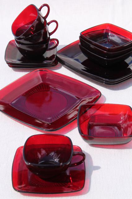 photo of vintage Royal Ruby red glass dishes, Anchor Hocking Charm square plates, cups, bowls set for 4 #2