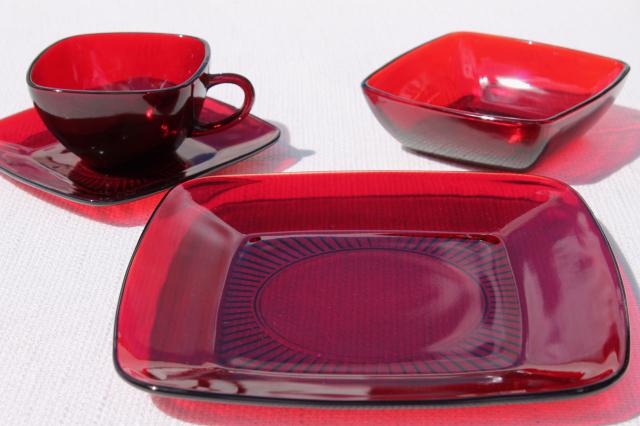 photo of vintage Royal Ruby red glass dishes, Anchor Hocking Charm square plates, cups, bowls set for 4 #3